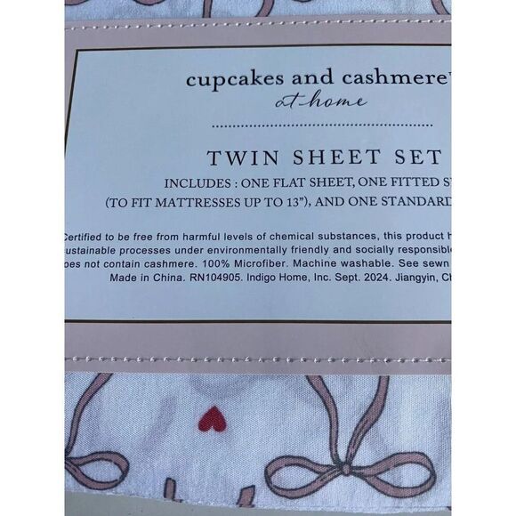 Cupcakes & Cashmere Pink Bows And Hearts TWIN SIZE Sheet Set Coquette NEW - Picture 5 of 11